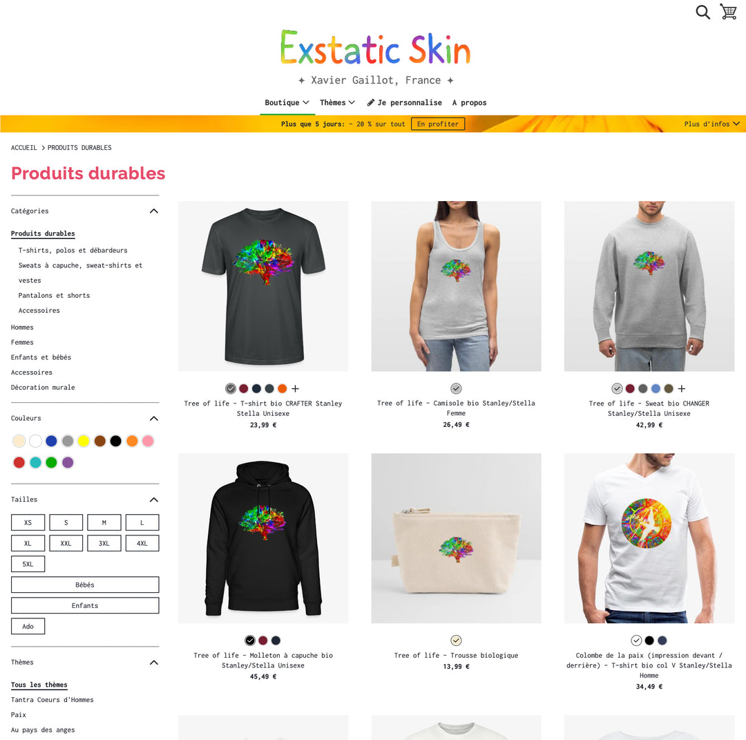 Capture d’écran de la boutique Spreadshop Exstatic Skin avec t-shirts, sweats, sacs – Exstatic Designs, Xavier Gaillot