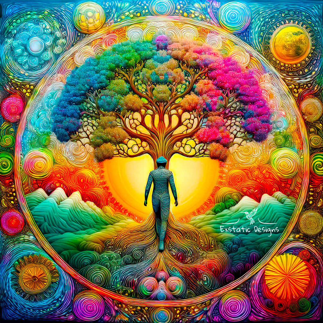 Illustration colorée représentant une silhouette humaine fusionnant avec un arbre sacré aux couleurs vibrantes, symbole de la connexion entre la Terre, le Vivant et le Cosmos, par Exstatic Designs, Xavier Gaillot. Mention IA