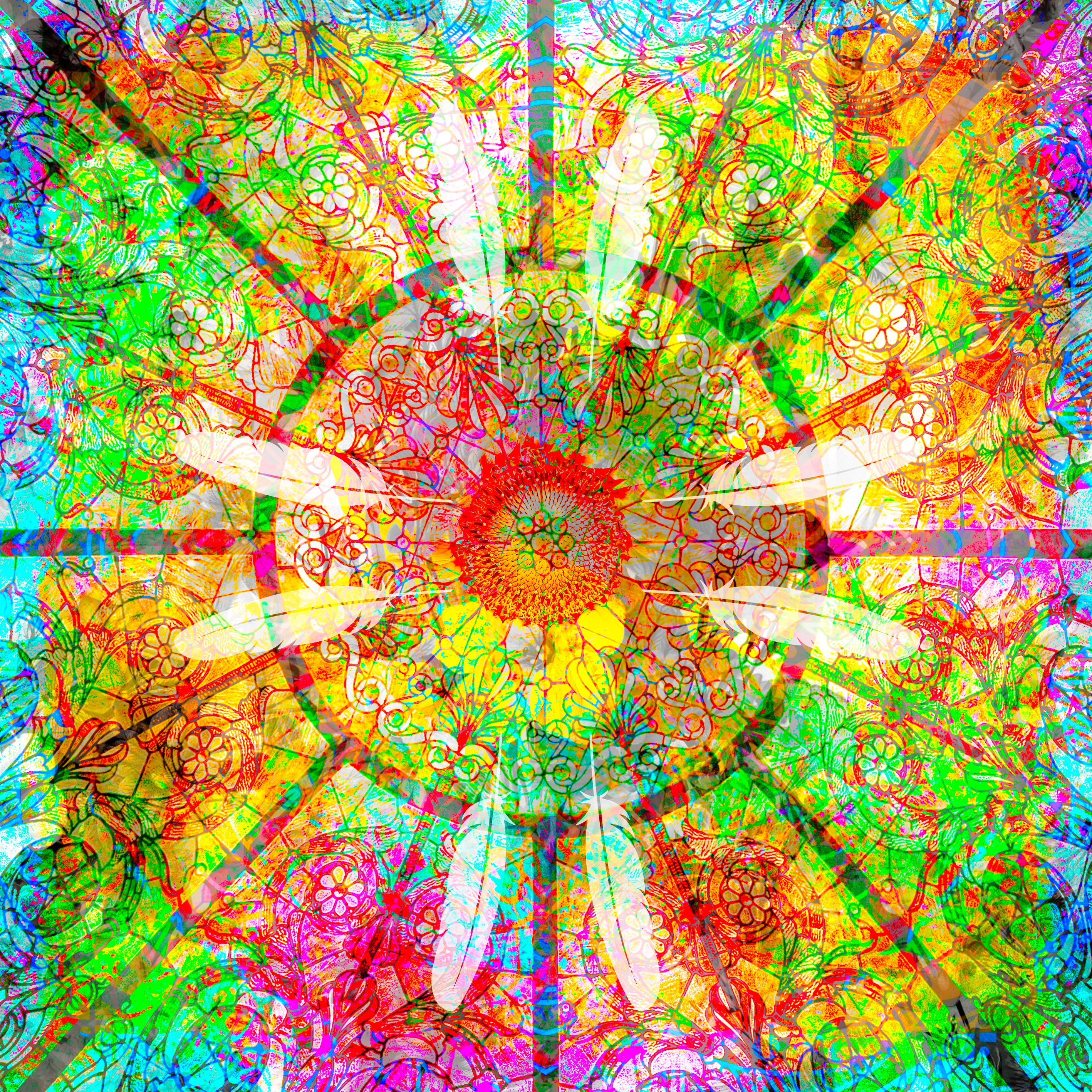 Mandala en tons chauds et verts avec un cœur central rayonnant – Exstatic Designs, Xavier Gaillot