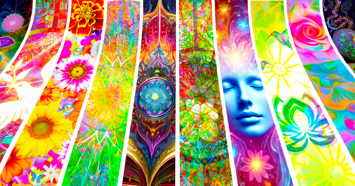 Visuel coloré présentant les créations vibratoires d’Exstatic Designs : tentures murales psychédéliques, tapis de cercle, objets rituels peints à la main, style spirituel et énergétique.
