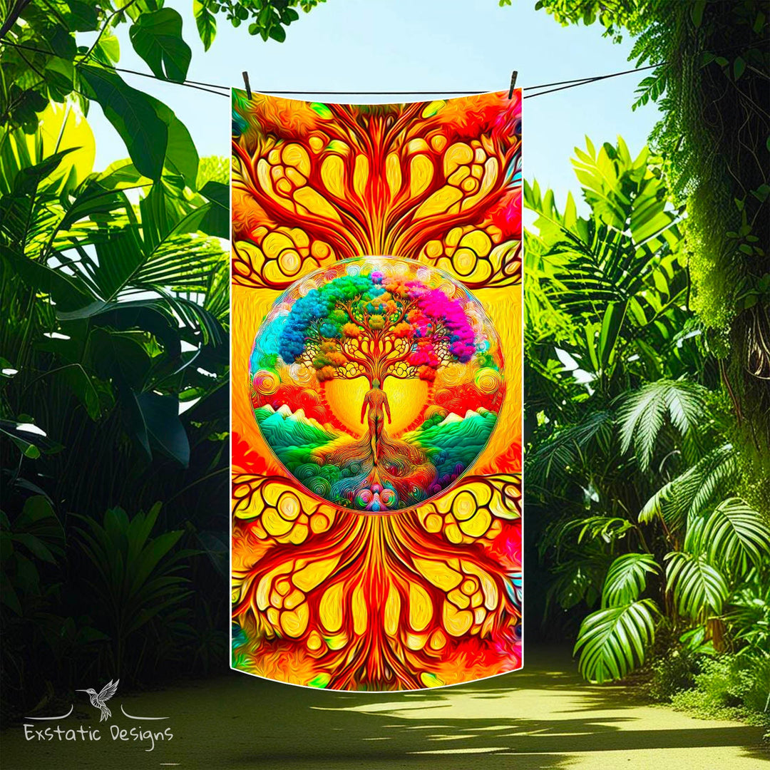 Design "Homme Racine" par Xavier Gaillot – motifs vibratoires exprimant l’ancrage, la force intérieure et le lien à la nature primordiale, présenté avec filigrane pour Exstatic Designs.