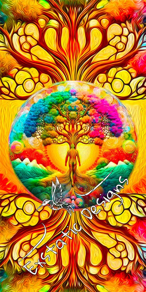 Design "Homme Racine" par Xavier Gaillot – motifs vibratoires exprimant l’ancrage, la force intérieure et le lien à la nature primordiale, présenté avec filigrane pour Exstatic Designs.