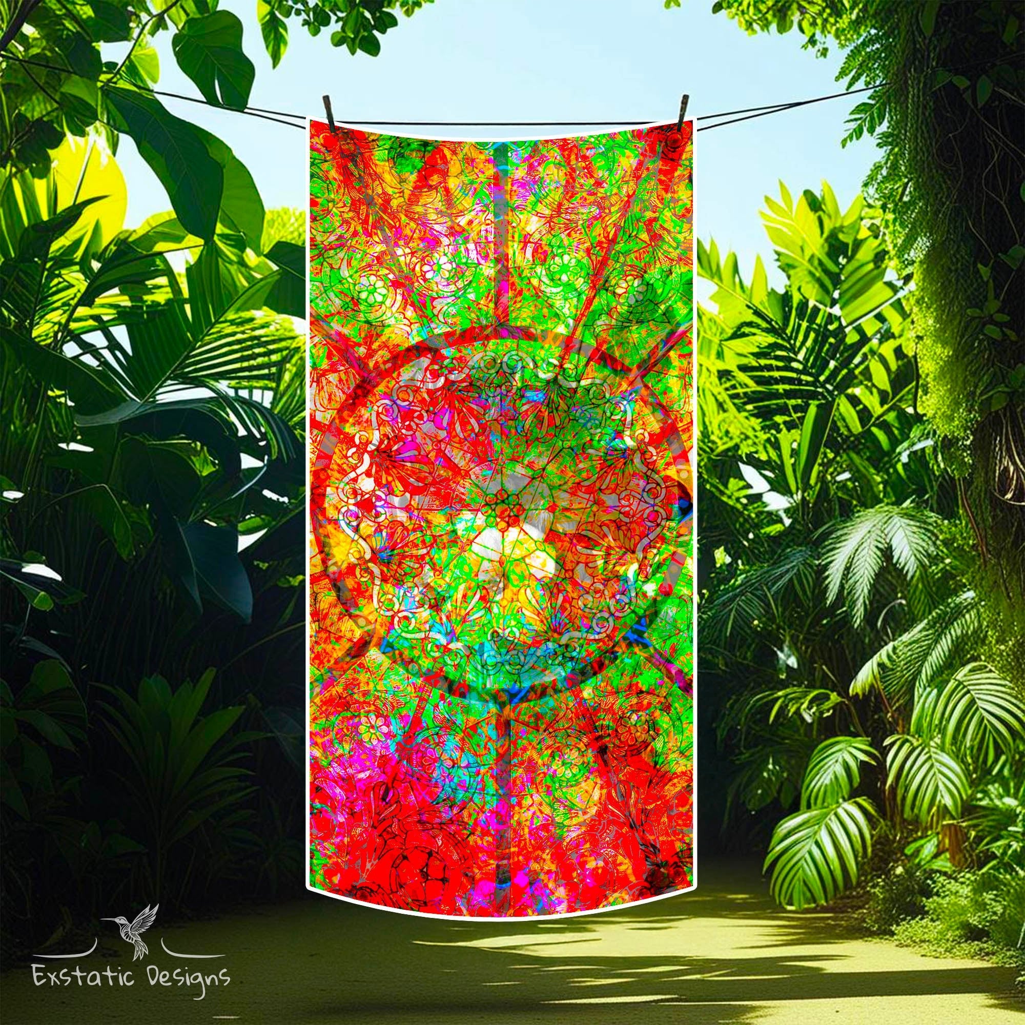 Serviette tantra et massage 200x100 cm – design mandala floral style vitrail sacré, lumière filtrée et création signée Xavier Gaillot, dans la jungle.