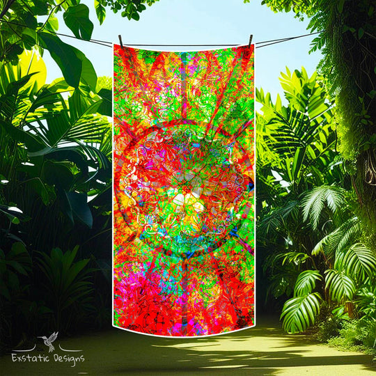 Serviette tantra et massage 200x100 cm – design mandala floral style vitrail sacré, lumière filtrée et création signée Xavier Gaillot, dans la jungle.