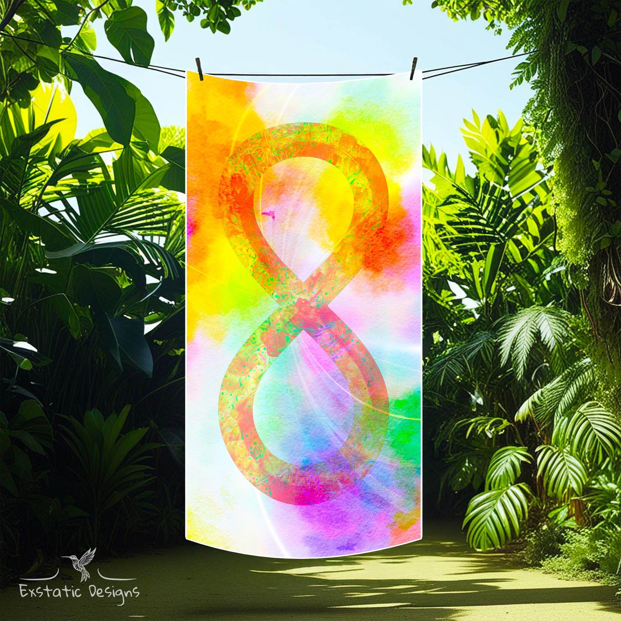 Design textile sacré représentant le symbole de l’infini au centre d’un halo coloré vibrant. Création spirituelle signée Xavier Gaillot, dans un environement de jungle.